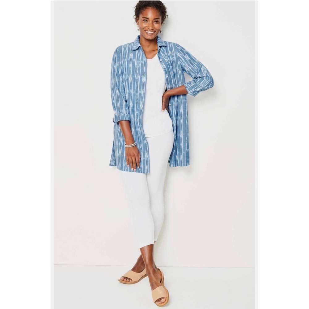 J Jill Shirt Dress Azur Multi Ikat Print Button Front Long Sleeve Women‎ XS